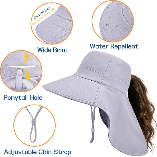 Ruqizhi Sun Hats for Women with Neck Flap Ponytail Hole Women Sun Hats Rollable UV Protection Fishing Hats Wide Brim UPF 50+