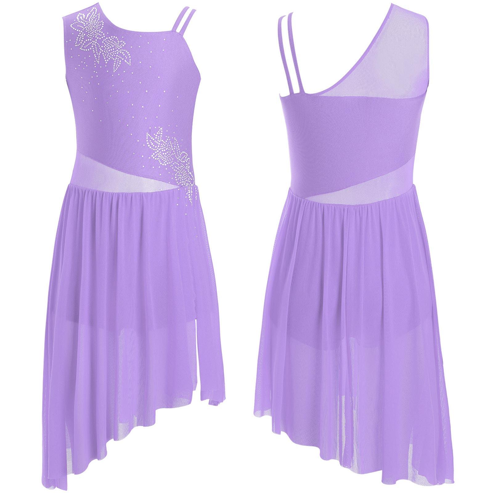 

Girls Floral Rhinestone Lyrical Dance Dress Sleeveless Design with Asymmetrical Hem Side Slit Performance Costume 9-10 Years