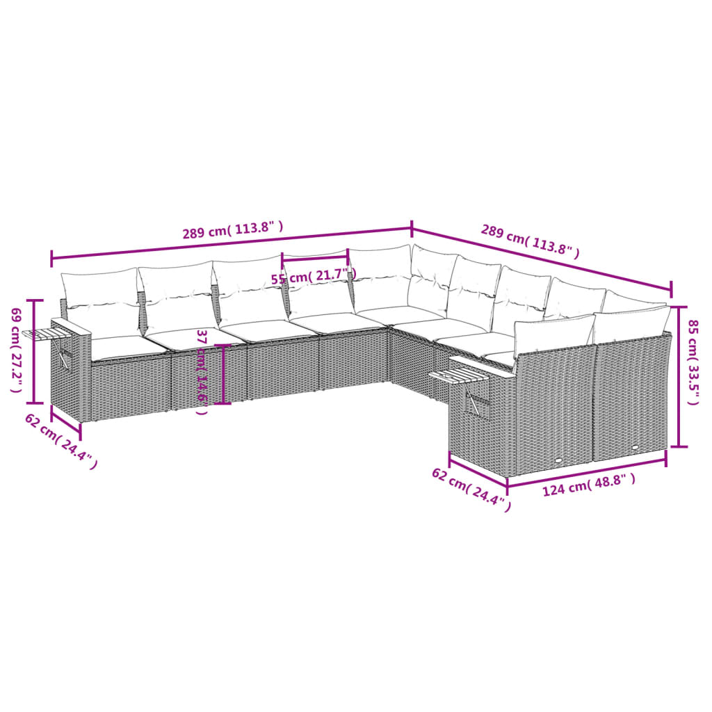 Vidaxl 10-Cz. Garden Lounge Set, Cushions Black Rattan Pe