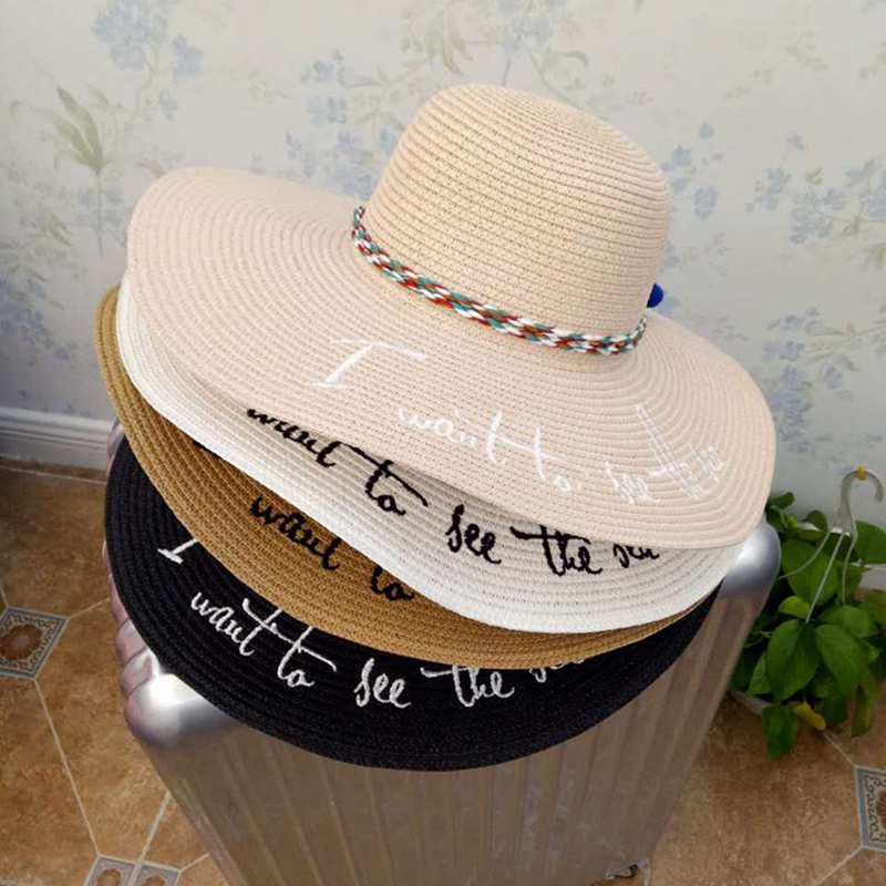 Leisure Letter Embroidery Straw Hat Summer  Big Brim Sun Hats Lady Shade Panama Beach Hat Cap