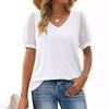 2023 Summer Women's Solid Color V-neck T-shirt with Mesh Puff Sleeves
