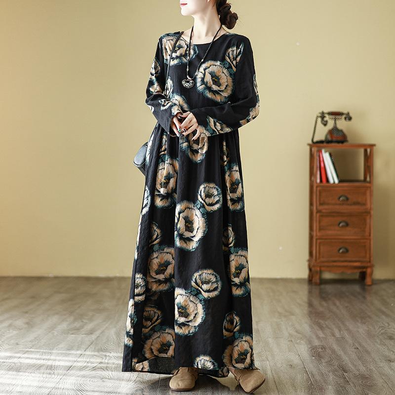 Herbstliches literarisches Kleid in Übergröße mit lockerem Druck, Rundhalsausschnitt, lässiges Langarmkleid für Damen