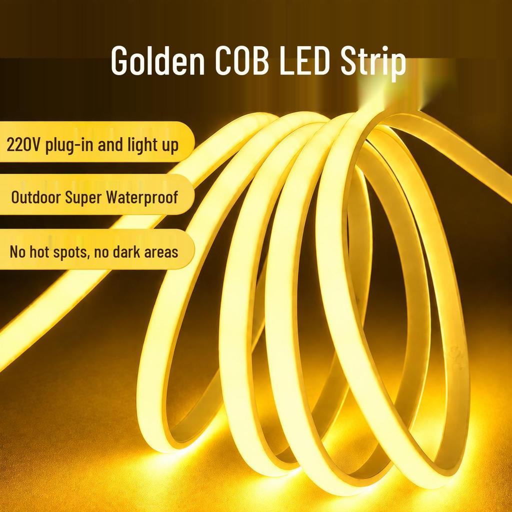 220V Plug-in COB LED Strip Light, Waterproof, Self-Adhesive, Flexible Silicone for Outdoor Use