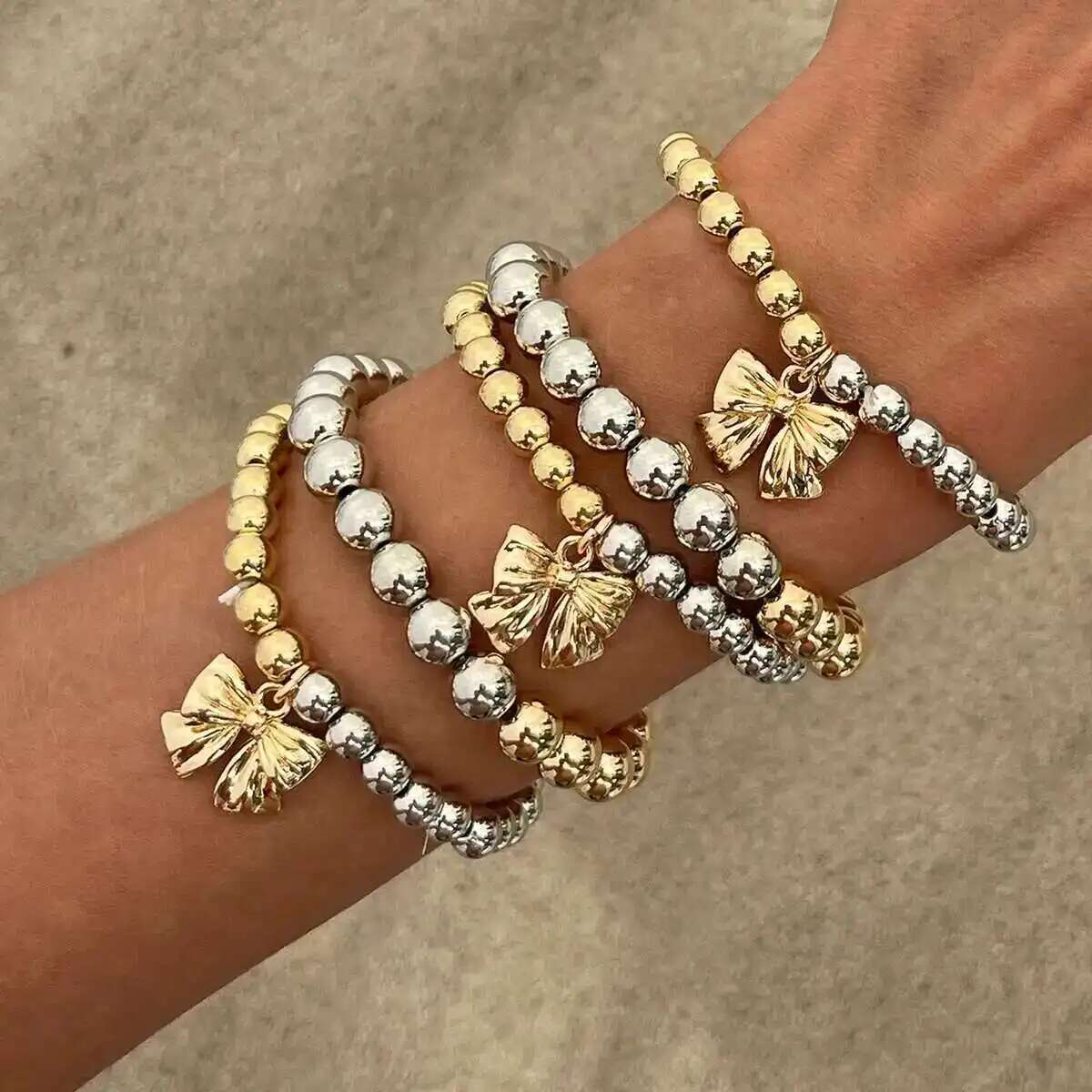 

Salircon 5Pcs/Set Metal Beads Bowknot Pendant Bracelet Women Vintage CCB Beadsd Stacked Bracelets Fashion Jewelry Gifts New
