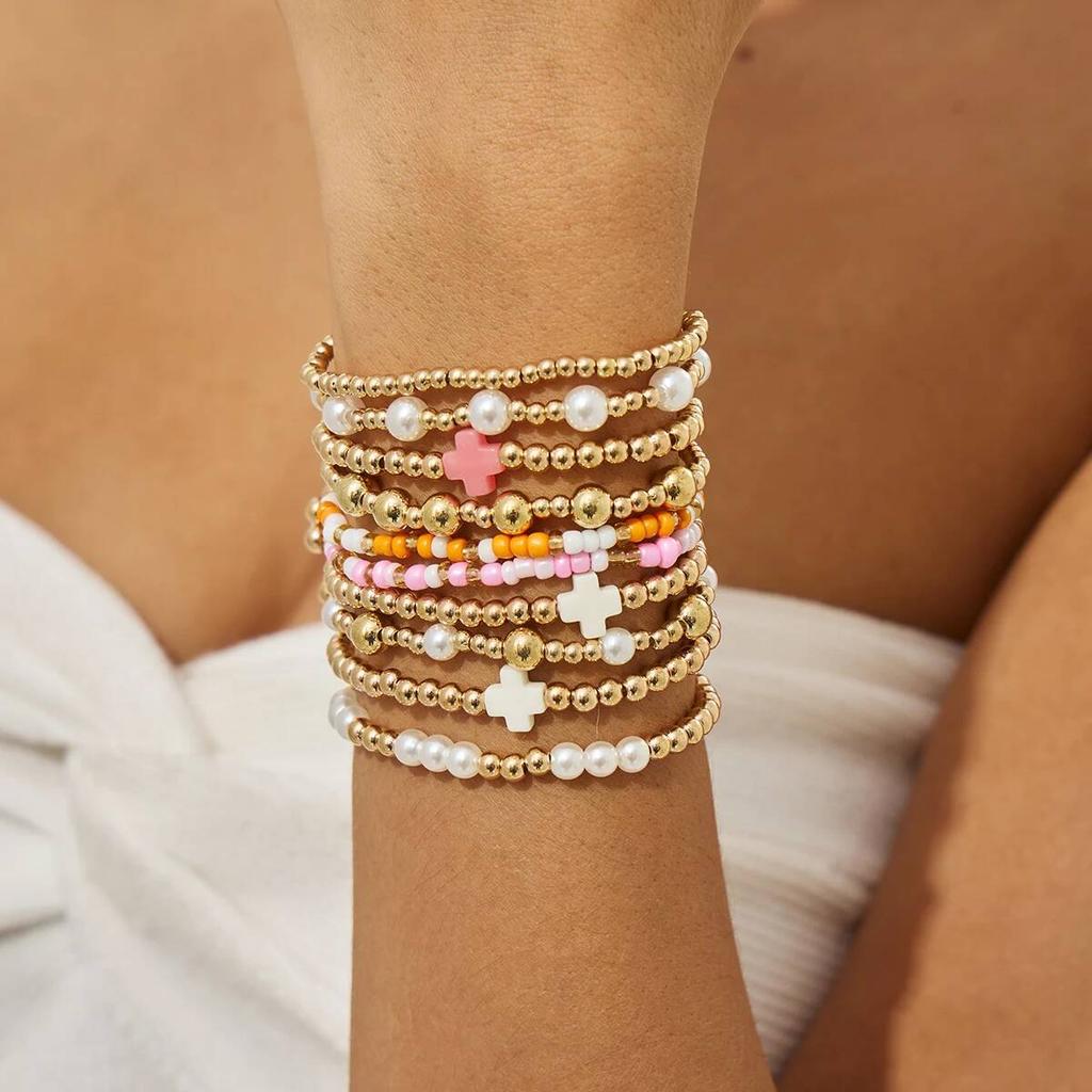 Ingemark 7 Styles Goth Acrylic Imitation Pearl Elastic Chain Bracelets for Women Boho Stacked Strand Beads Bangle Couple Jewelry