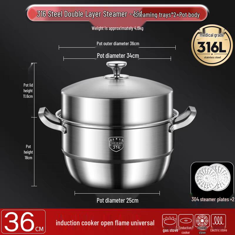 316 Stainless Steel High-Rise Steamer Pot, Extra Thick, Food-Grade, Large Capacity, Versatile 3-4 Layer Soup Pot