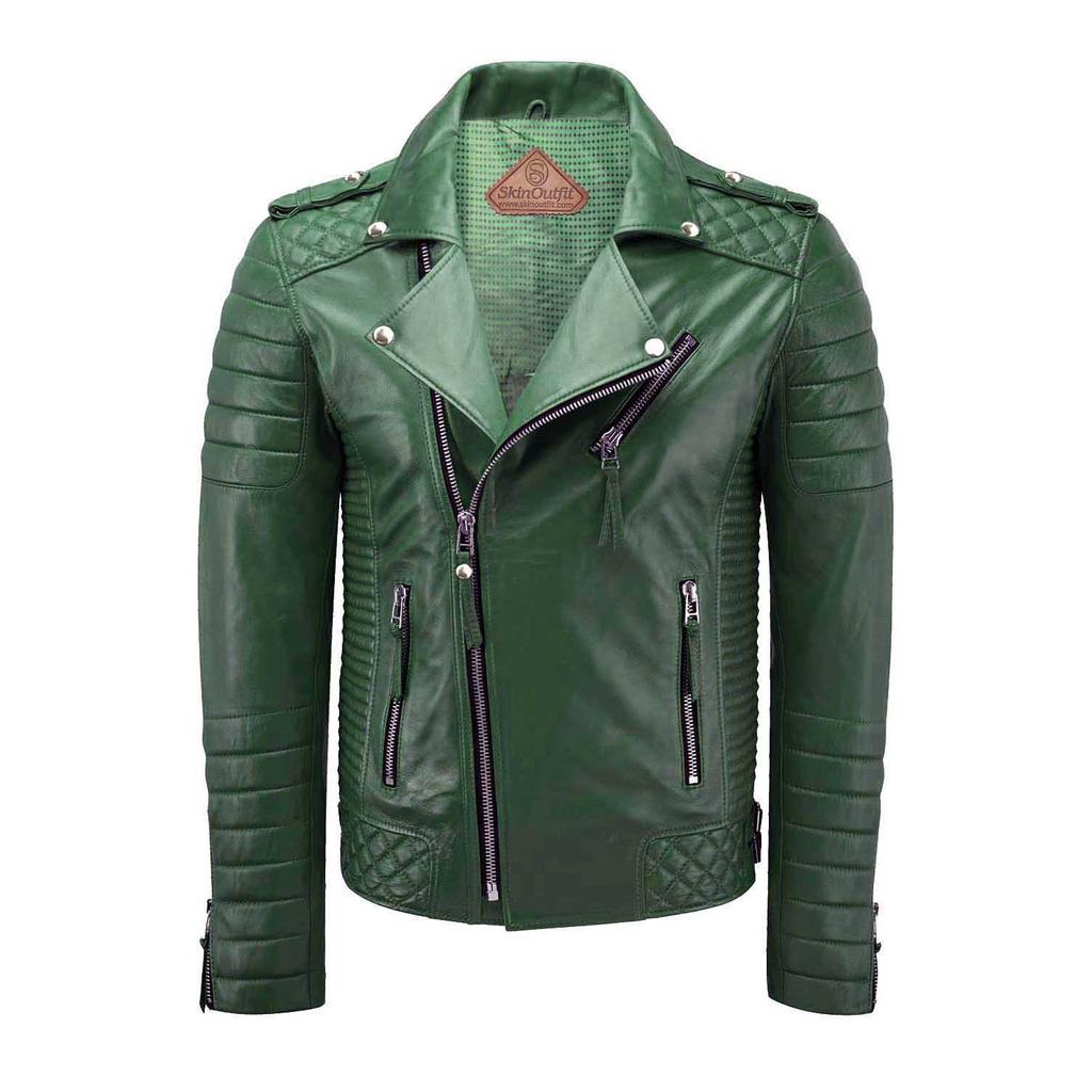 SKINOUTFIT Men's Motorcycle Leather Jacket Genuine Green Lambskin Café Racer Biker Outerwear