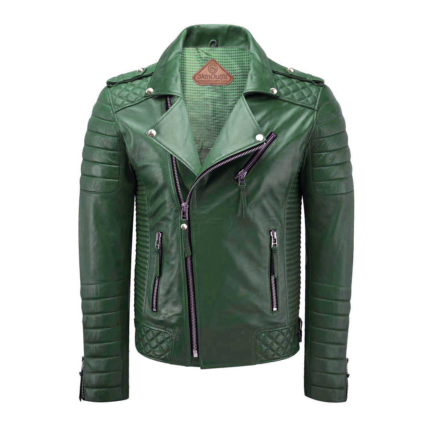

SKINOUTFIT Men s Motorcycle Leather Jacket Genuine Green Lambskin Café Racer Biker Outerwear XL зелений