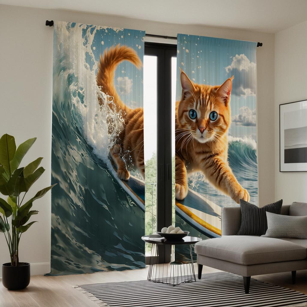 2 stycken högupplöst lek flytande katt rolig bild Dekorativ gardin Blå digitaltryckt gardin heminredningsstil