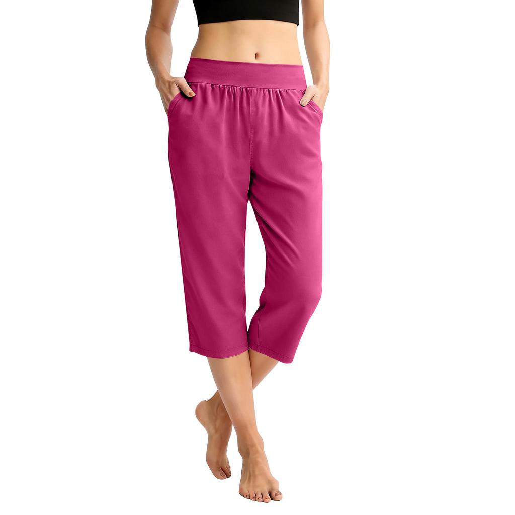 Women Elastic High Waist 3/4 Pant Casual Fit Wide Capris Leg Pants Trousers With Pockets