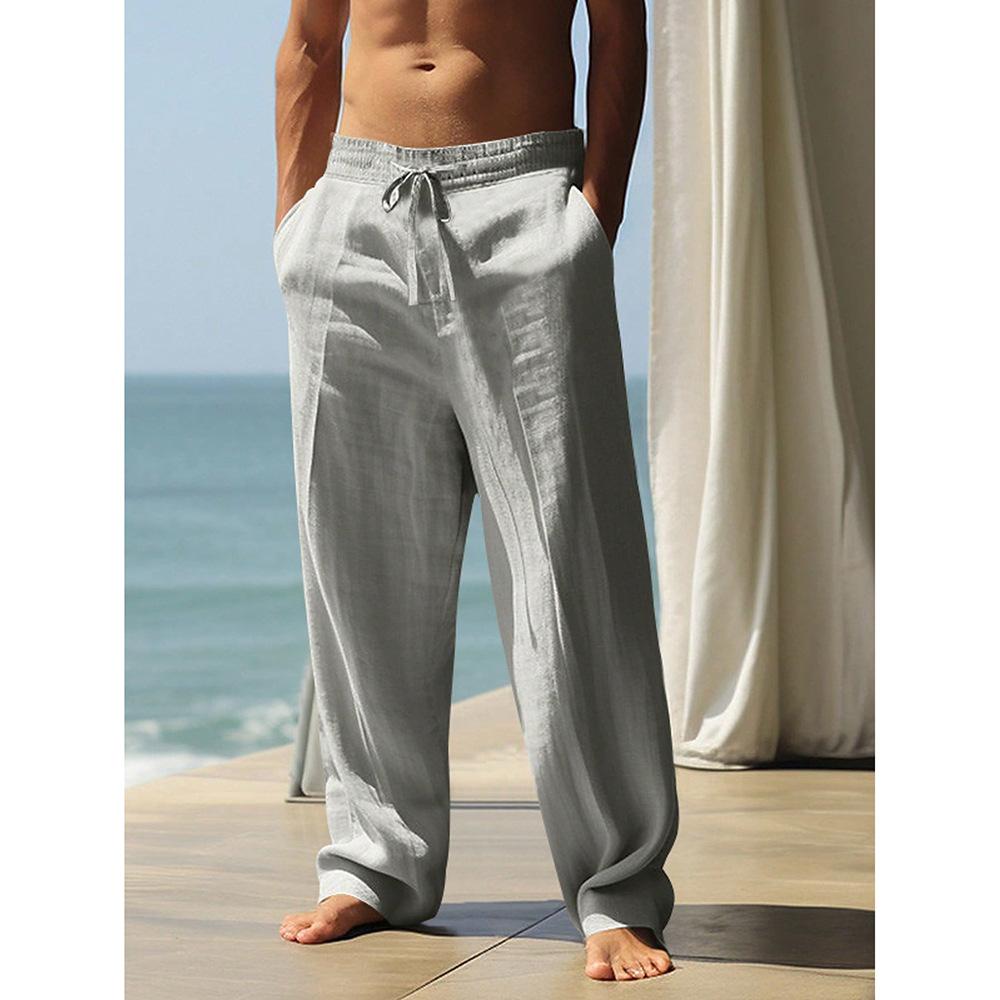 Férfi pamut és len laza szabású egyszínű fűzős nadrág