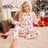 Holiday Women Pajamas Christmas Matching Set Snowflake Print Two Piece Lounge Breathable Loungewear Set Button Down Long Sleeve Top Pants Sleepwear