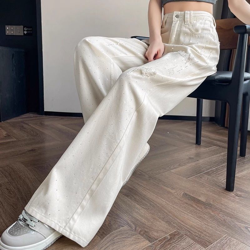 White Breathable Wide-leg Jeans for Women Ripped Pants for Summer High Waisted Diamond Floor Pants