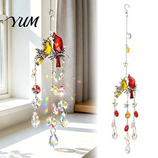 Sparkling Window Pendant Cardinals Faux Crystals Suncatcher, Hanging Sun Catcher for Windows, Bird Wind Crystal Suncatcher Windows Chimes with Chain,