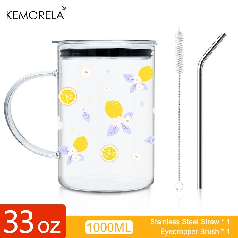 

1PCS 1000ML Bow-Knot Glass with Lid and Straw Handle High Borosilicate Glass Glass Water Cup Coffee Cup Summer Winter Drinkware 1000ML