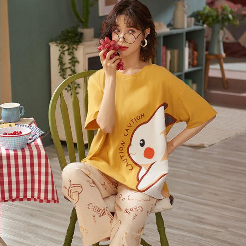 Conjunto de pijama de verano para mujer: Cuello Redondo, Manga Corta, Estampado de Dibujos Animados, Ropa de Casa que Reduce la Edad