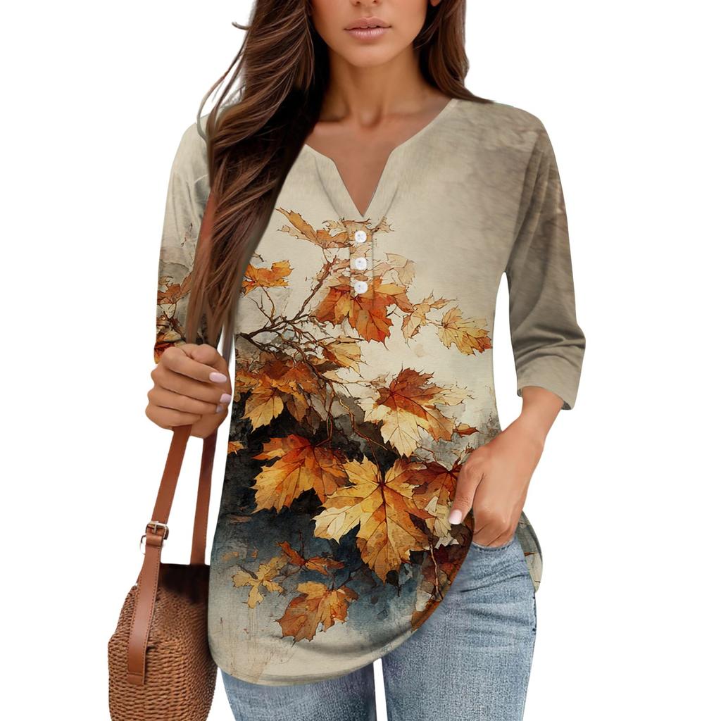 3/4 Length Sleeve Women's Tops Print Vintage Fashion Casual Loose With V Neck Plus Size Shirts Tops