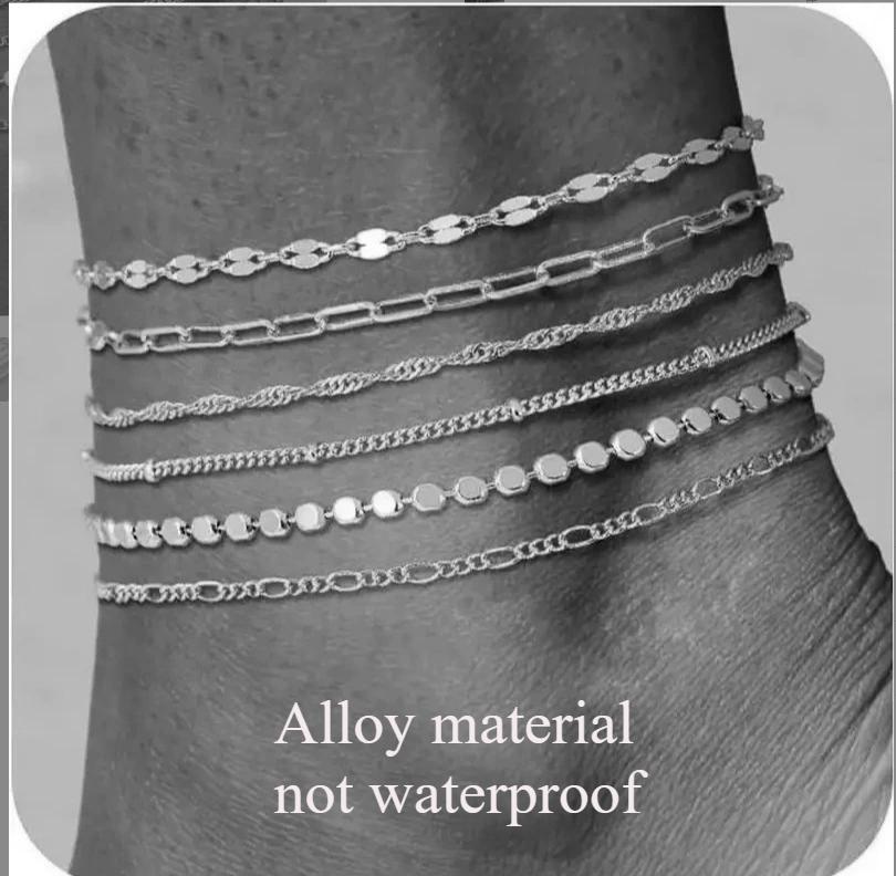 Waterproof Ankle Bracelets for Women Girls, 14K Gold Plated STAINLESS STEE/Alloy 6PCS Anklets Set Dainty Summer Beach Jewelry