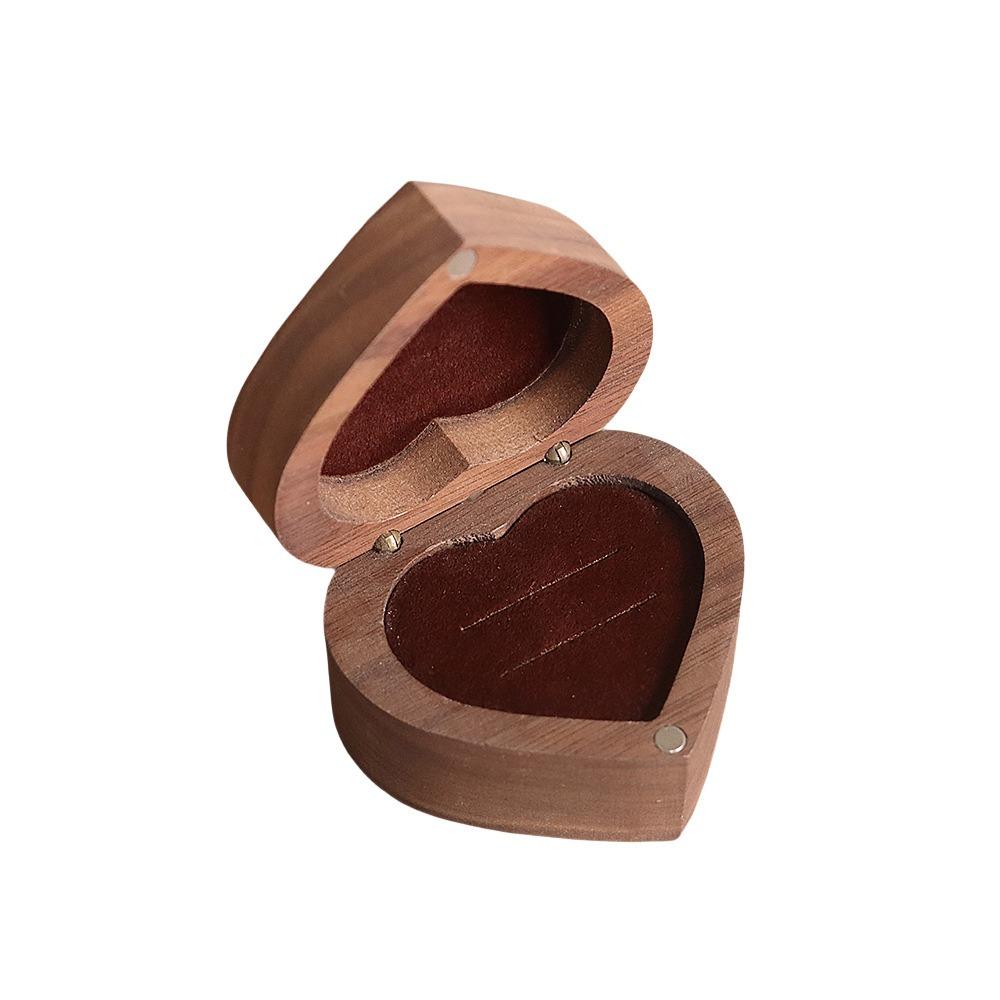 Wedding Heart Rings Holder Anti-collision Rings Bearer Box Simple Walnut Wood Rings Box  Propose