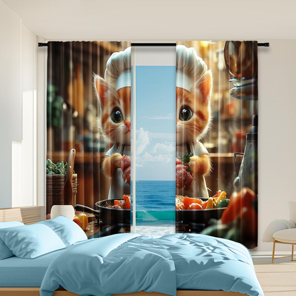 

Versatile Polyester Transparent Curtains Home Decoration Cat Chef Theme Use Bedrooms Living Rooms Set Of 2 Made Area Decor W100*H70(CM)-Rod Pocket&2PCS