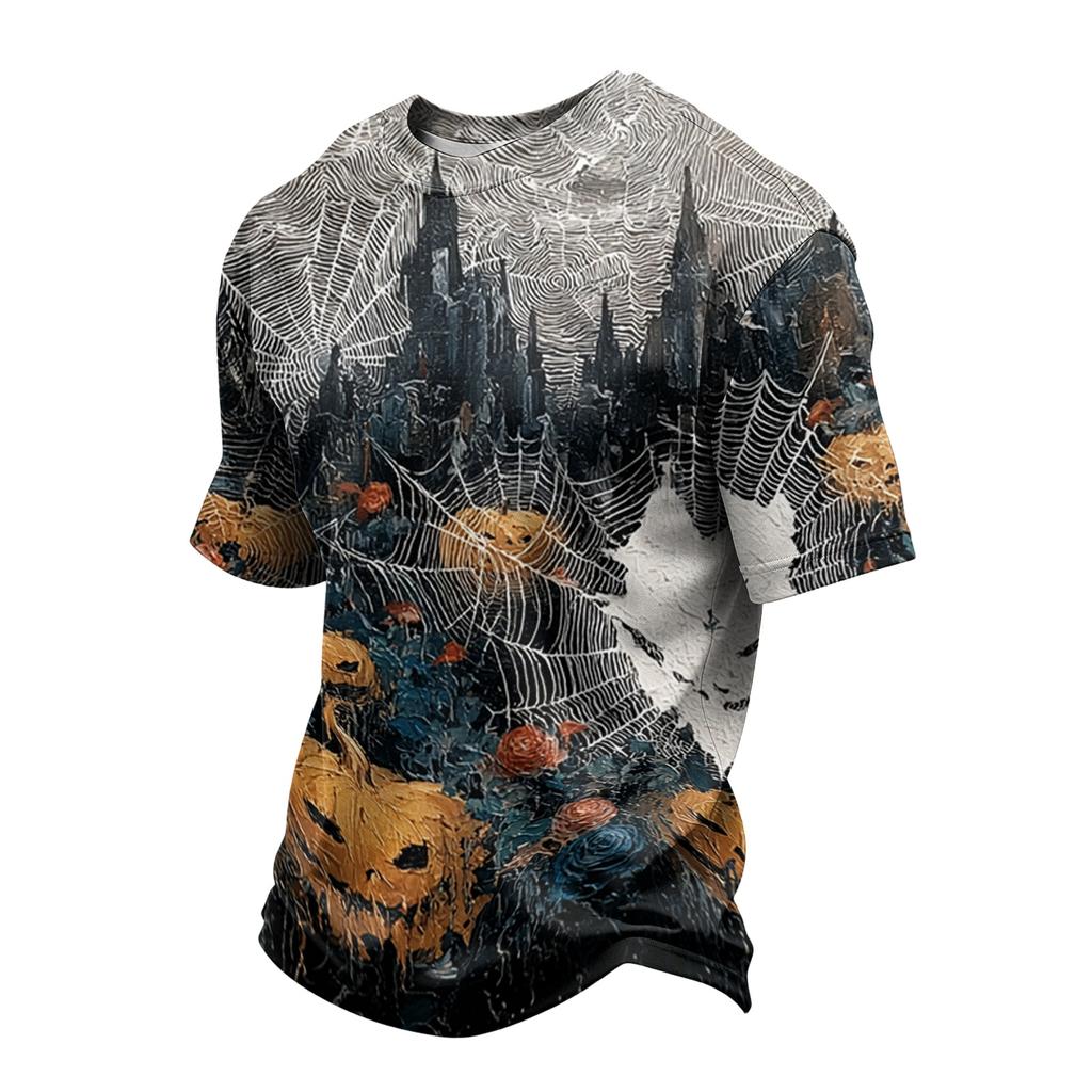 Men's Casual Short Sleeve T-Shirt Lightweight Breathable Fabric Crew Neck Halloween Pumpkin Pattern Printed Top