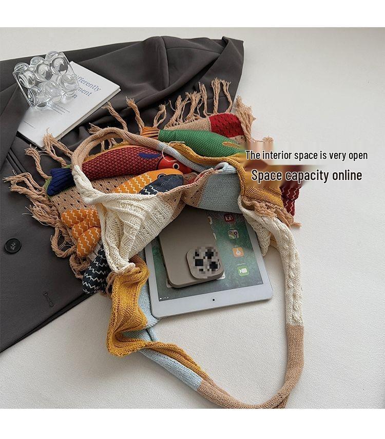 Women's Lazy Style Knitted Tote Bag - Versatile, Fashionable, Large Capacity, Single Shoulder, White