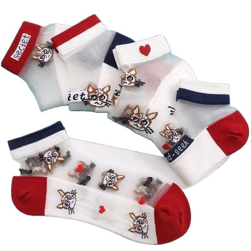 5 Pairs of Cat Cartoon Glass Silk Socks Children's Spring and Summer Thin Short Socks Kasi Cotton Bottom Sweat Breathable Socks