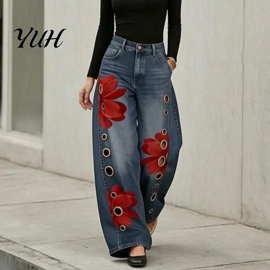 High Rise Trousers Women Waisted Wide Leg Jeans, Vintage Floral Print Faux Denim Jeans Trousers, Loose Fit Casual Pants with Pockets & Metal