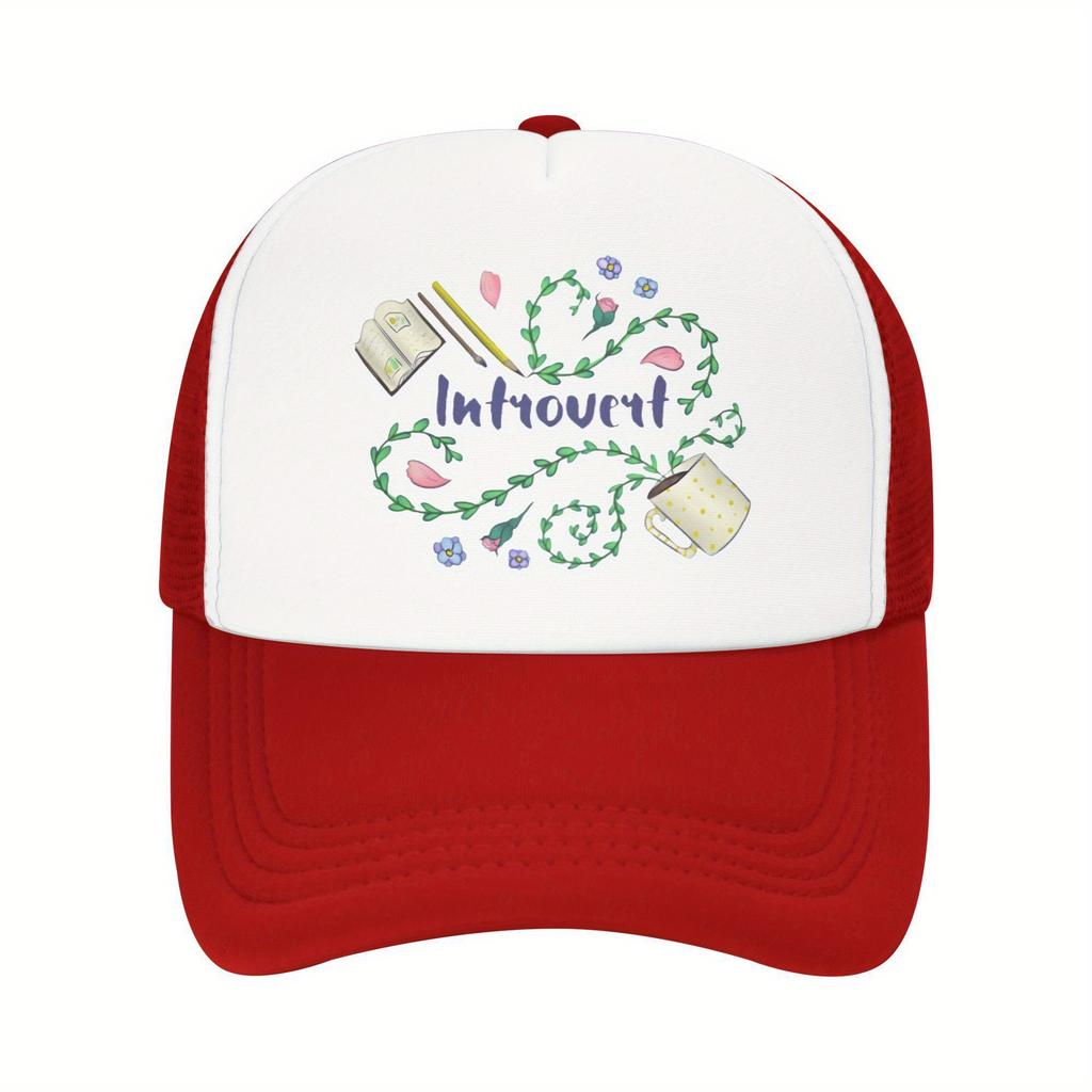 Introvert Floral Design Trucker Hat Polyester Mesh Baseball Cap Casual Unisex Adjustable Headwear