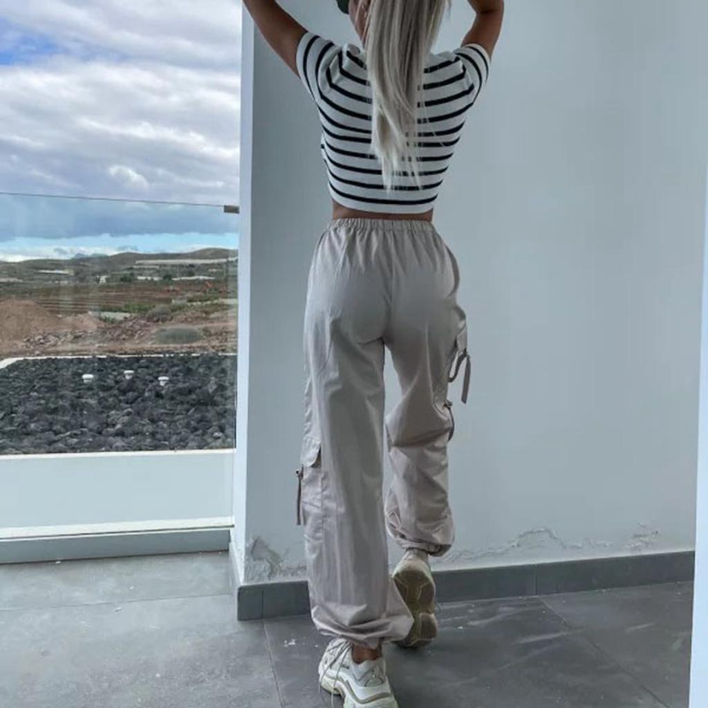 Women Multiple Pockets Pants Drawstring Relaxed Fit Hiking Construction Work Pants Apricot M