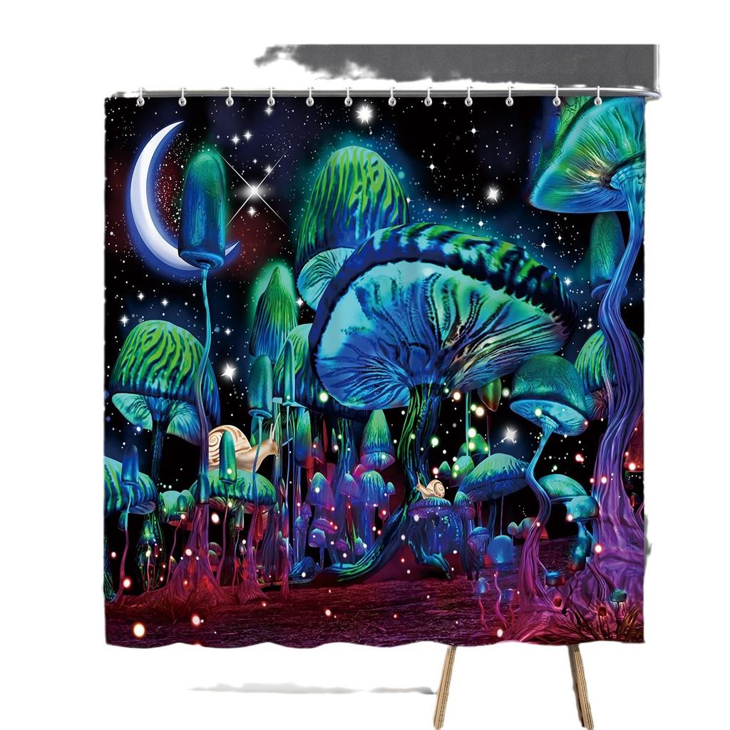 Bathroom Waterproof Curtain Digital Printing Plant Mushroom Shower Curtain Non-Punching Toilet Partition Curtain Shower Cloth