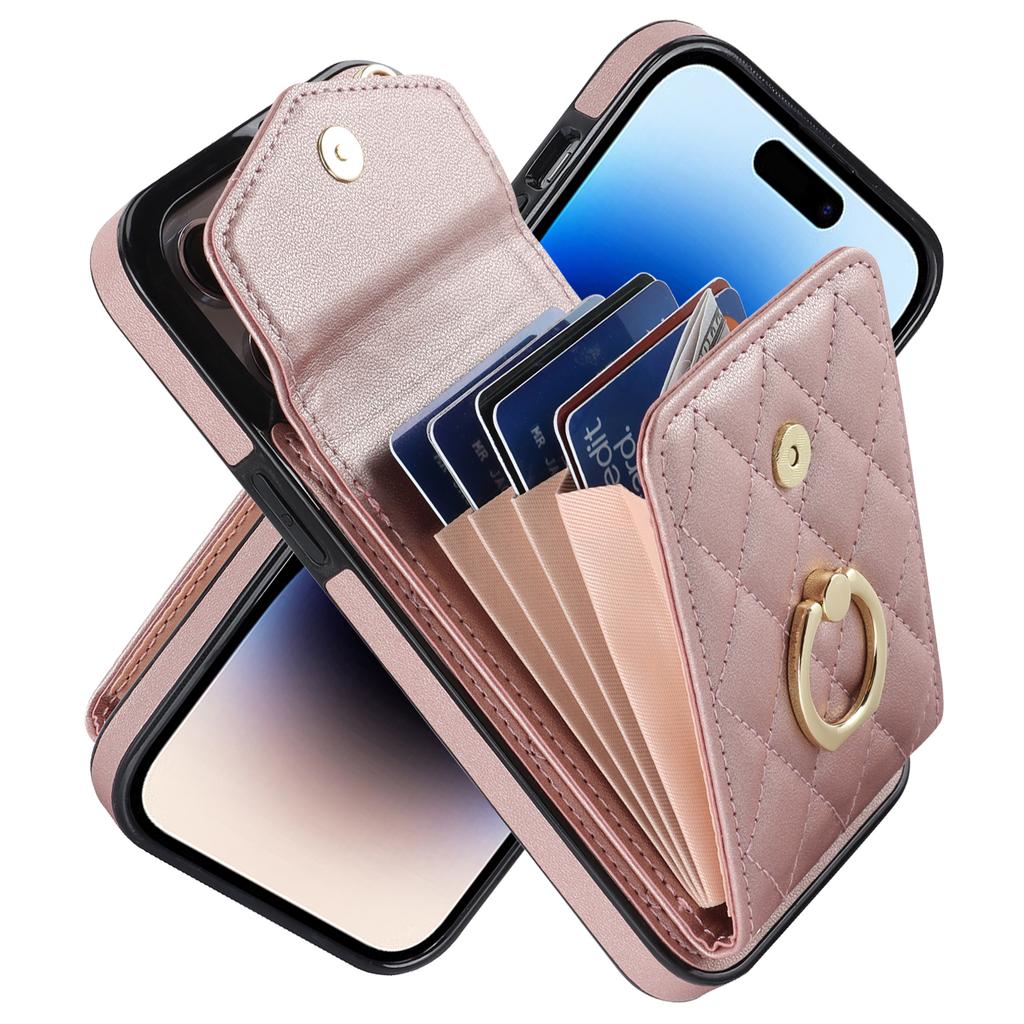 Dla iPhone 15 Pro Max Etui Blokujące RFID Wstrząsoodporne Wiele Przegródek na Karty Ring Podpórka Skórzane PU+TPU Pokrowiec na Telefon