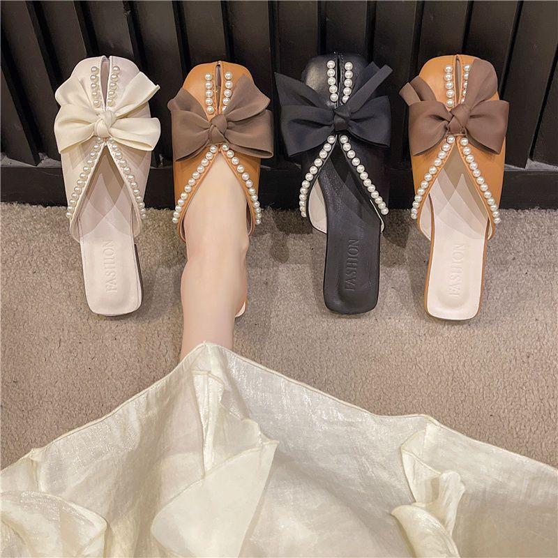 Baotou half slippers women's summer wear 2025 new Korean version bow pearl flat bottom soft bottom fish mouth sandals