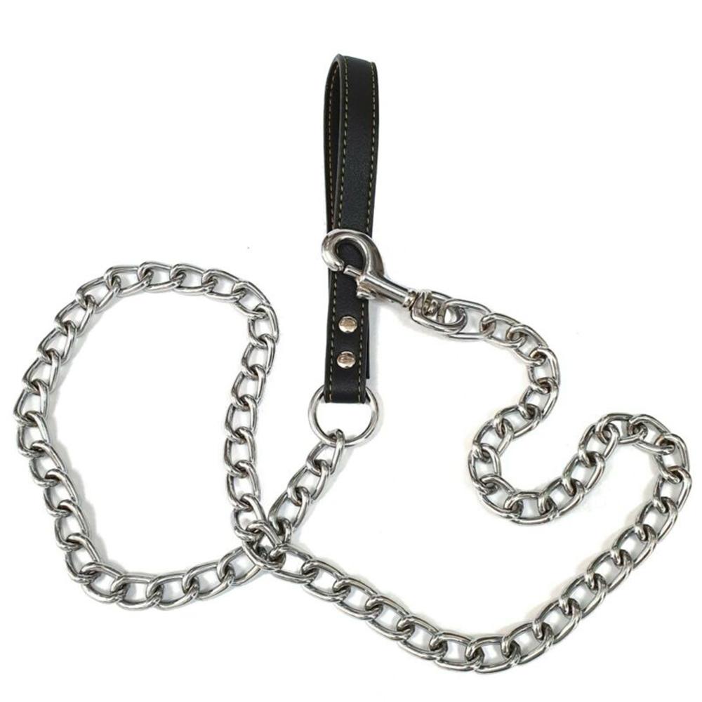 Metal Chain Dog Lead with Leather Style Handle Strong Control Leash Iron Dog Pets Supplies Collars Harnesses Chain Traction Rope