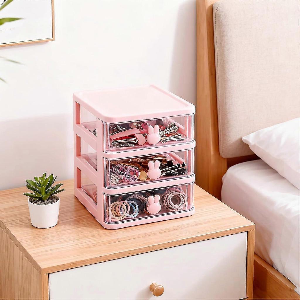 Cute Bunny Desktop Drawer Organizer - Transparent Storage Box for Desk, Dorm & Makeup-Pink