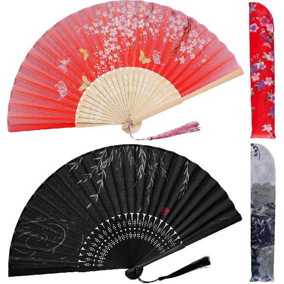 Handheld Folding Fans Floral Hand Held Fans Silk Bamboo Fans with Tassel Chinese Japanese Hand Foldable Fan with Fabric Sleeve for Dancing Wedding