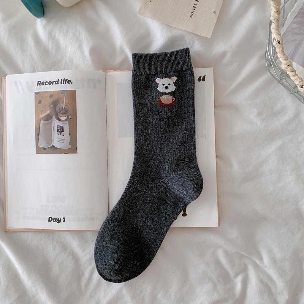 Puppy Embroidery Gray-Blue Socks Medium Tube Socks Versatile Cotton Socks Boneless Cartoon Cute Pile Socks