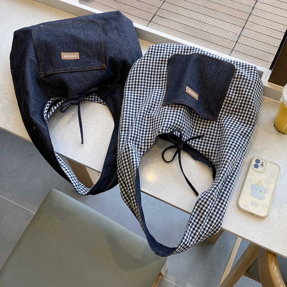 Korean Style Double Sided Plaid Denim Vest Bag Cloth Bohemian Messenger Bag  Women