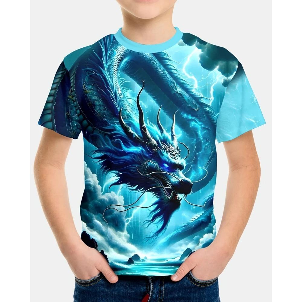 Children's Dragon Graphic 3D Digital Printed Boys' Fashion and Comfortable Round Neck Short Sleeved T-shirt