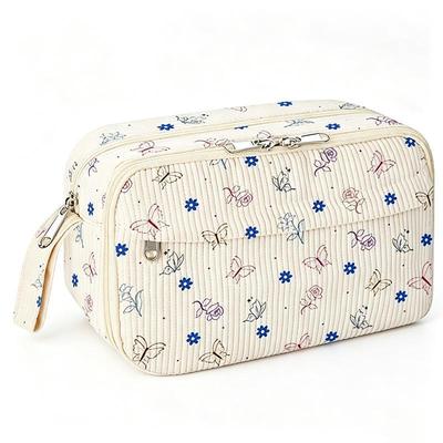Butterfly Floral Print Quilted Cosmetic Bag Large Capacity Smooth Zipper For Travel Makeup Skincare Storage