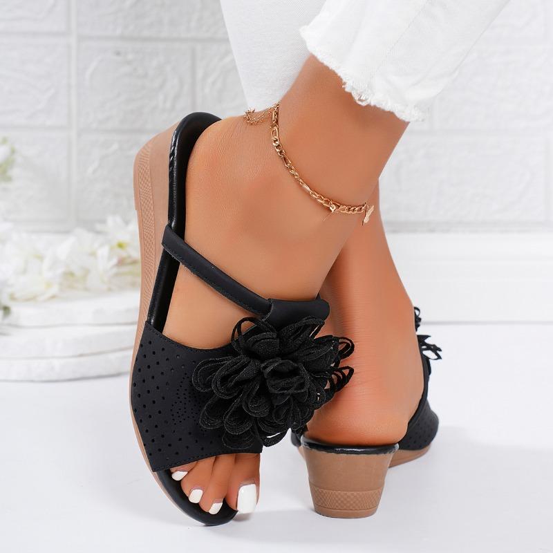 Fashion Womens Shoes Sale 2024open Toe Ladies Slippers Summer Flowers Breathable Solid Color Casual Beach Wedge Heel Large Size Slippers