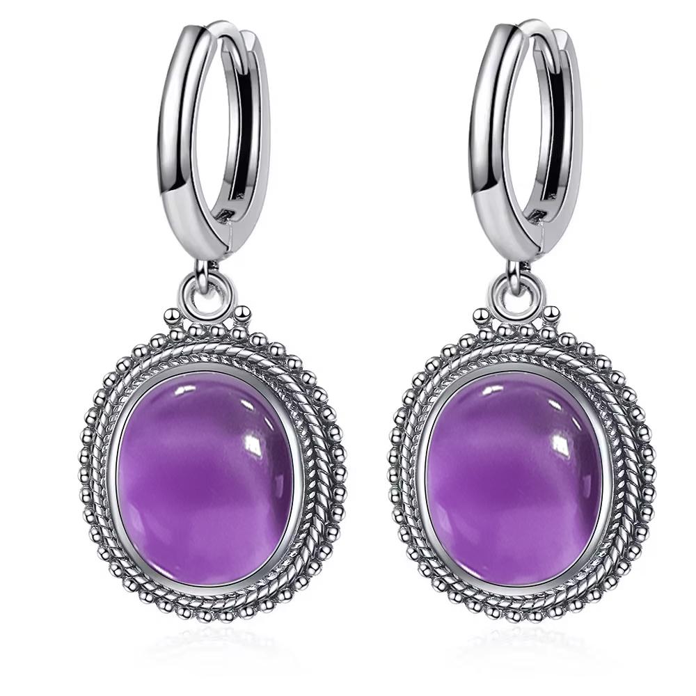 Vintage 925 Silver Natural Labradorite Earrings with Blue Light 10*12mm Big Stone Hoop Earrings Fine Jewelry for Women