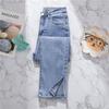 Women's Summer High Waist Light Blue Denim Jeans with Slit - Nine-Point Straight Leg Pants