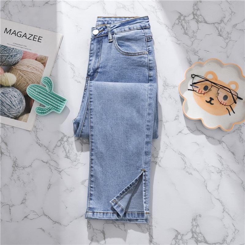 Women's Summer High Waist Light Blue Denim Jeans with Slit - Nine-Point Straight Leg Pants
