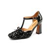 Krazing Pot Paillettenstoff Quadratische Zehenpartie Größe 41 High Heels Bling Glänzend Party Hochzeitsschuhe Herbst Schleife Pumps