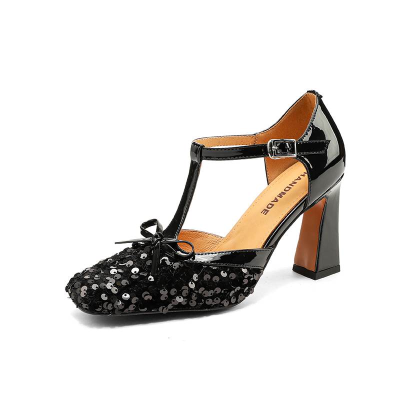Krazing Pot Paillettenstoff Quadratische Zehenpartie Größe 41 High Heels Bling Glänzend Party Hochzeitsschuhe Herbst Schleife Pumps