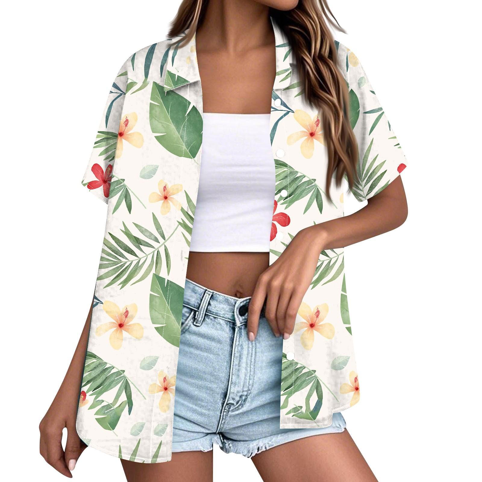 

Женская модная повседневная гавайская блузка с коротким рукавом и лацканами на пуговицах M