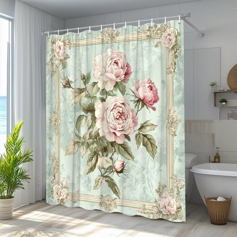 Decorative Botanical Floral Shower Curtain Peony Rose Print Waterproof Bathroom Liner Vintage Cottage Style Elegant Bathroom Dec
