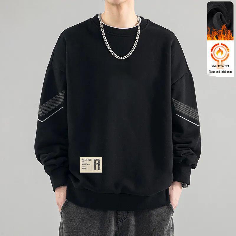 Men's Round Neck Plus Velvet Sweatshirt - Autumn/Winter Loose Fit Long Sleeve Pullover, Casual and Trendy Base Layer