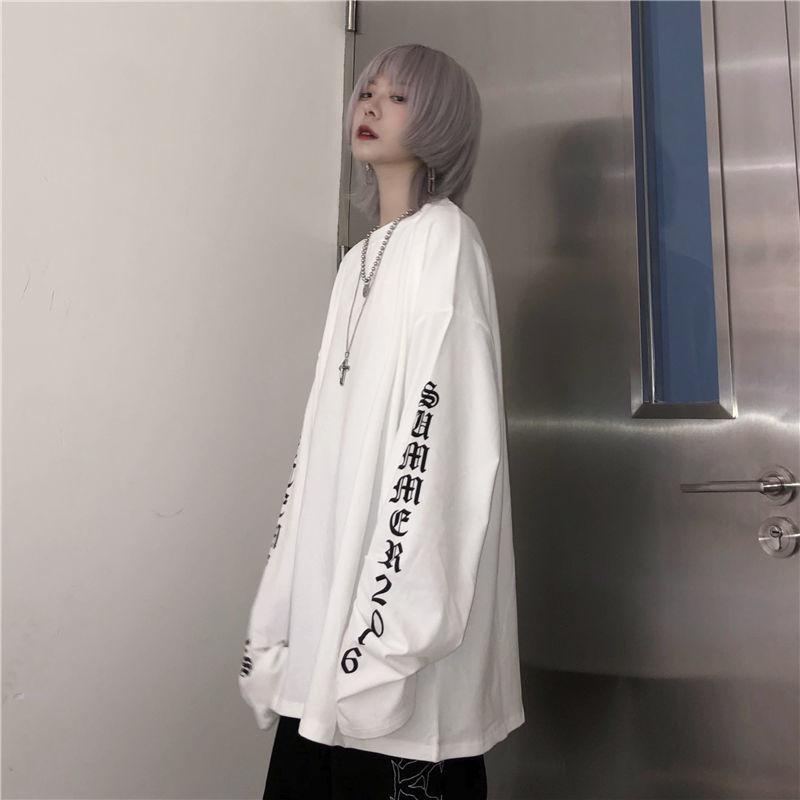 Gotická trička Harajuku Oversized Trička Dámská Korejská Trička s písmenným potiskem Černá Topy s dlouhým rukávem Jarní Kpop Alt Oblečení